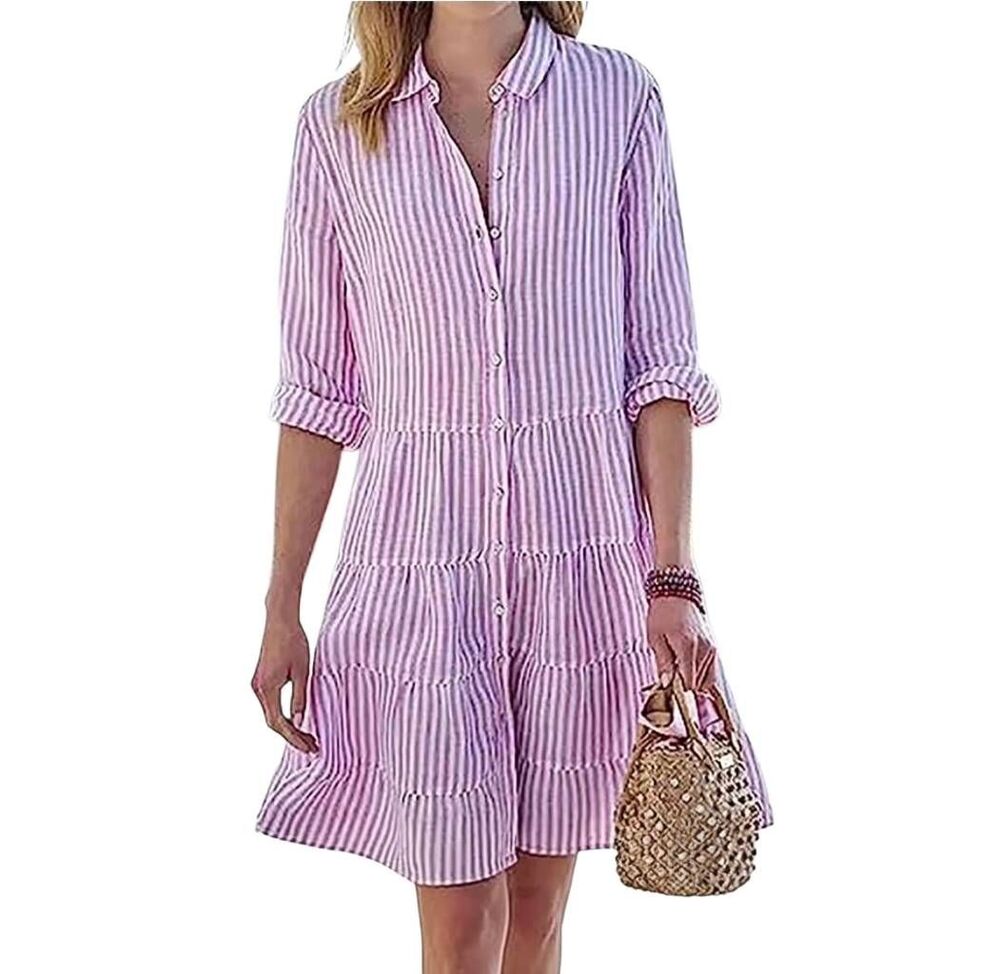 UT COCO Pink and White Striped Tiered Button-Down Shirt Dress with Pockets - Siz